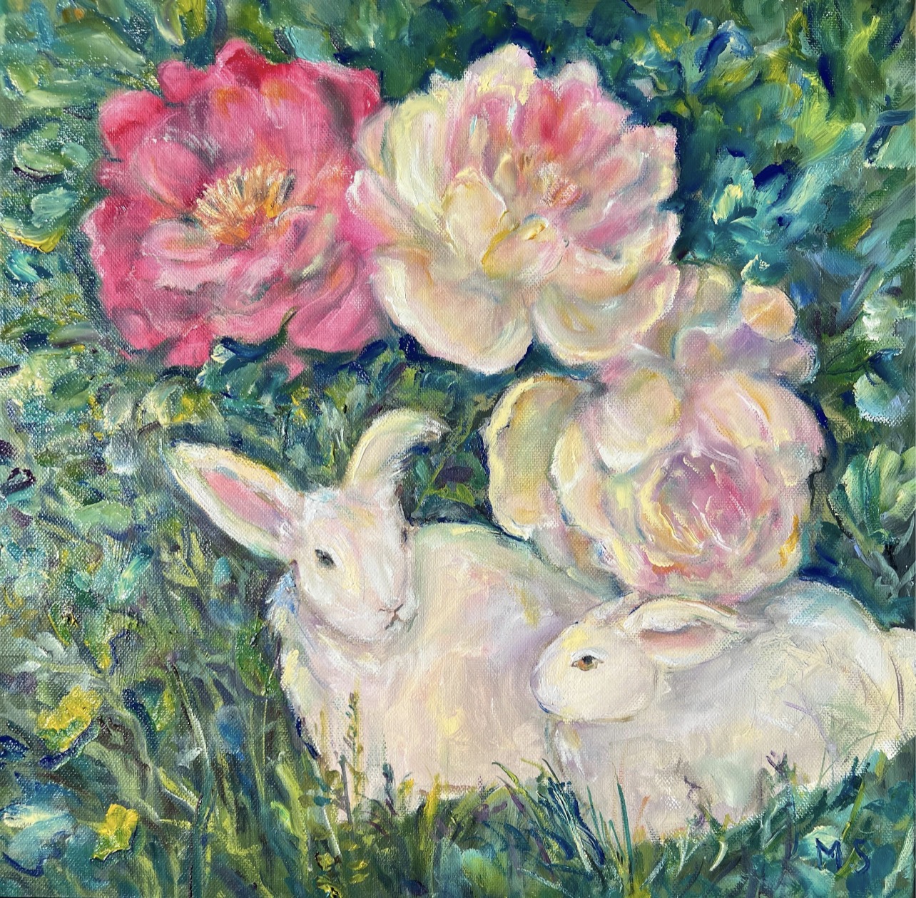 Close-up of White Rabbits and Peonies
